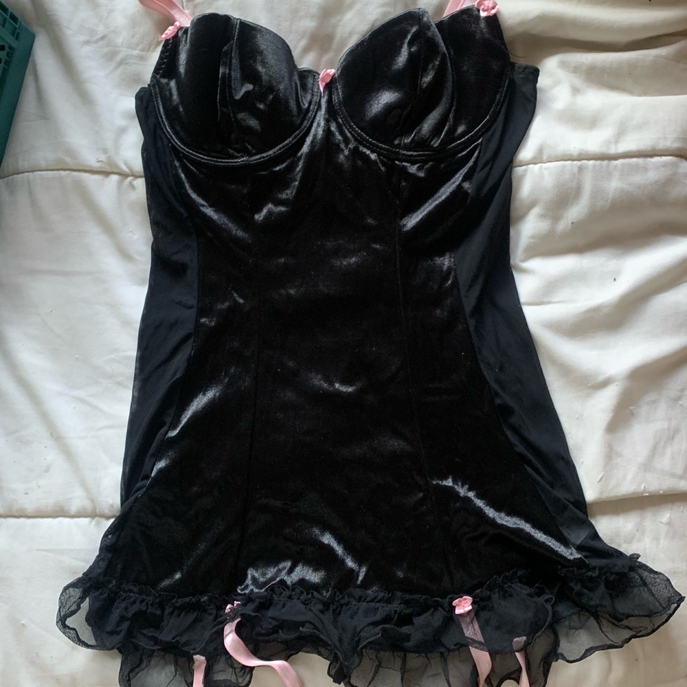 black lingerie mini dress with pink details